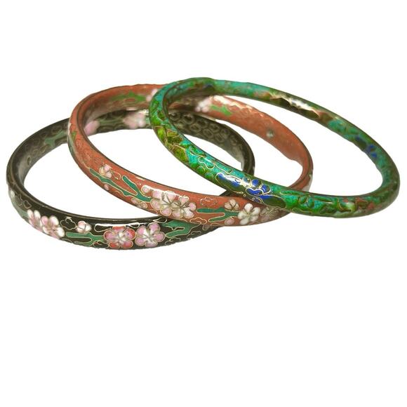 Vintage Cloisonné Enamel Bangle Bracelet Set of 3 Floral Chinoiserie Stackable - Picture 3 of 12